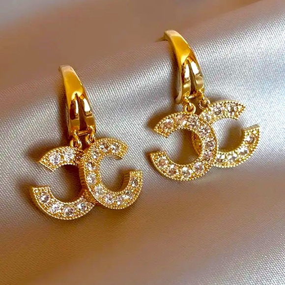 Vintage Bohemian Style Golden-Tone Dangling “CC” w/Rhinestones Earrings NIP